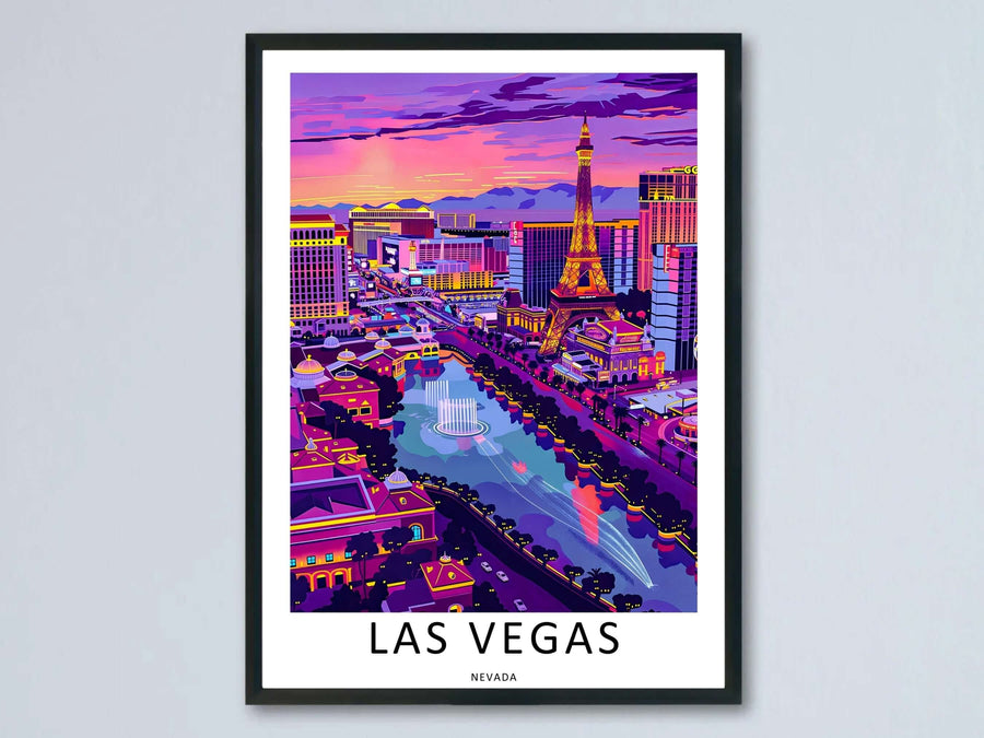 A professional display of a framed travel art print titled Las Vegas Nevada, showing an aerial bird&