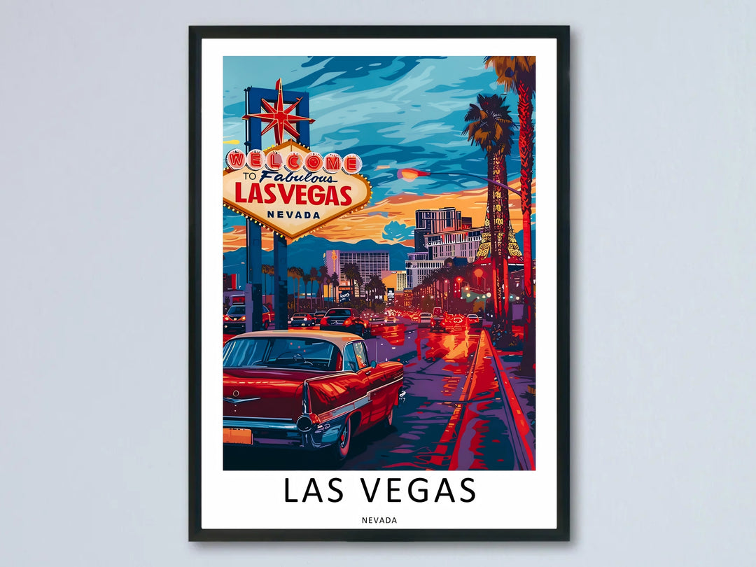 Fine art vector print of an outdoor Las Vegas boulevard with a vintage red car and the iconic neon sign, showcasing archival pigment ink quality on a smooth glare-free 220gsm paper base in a black frame.