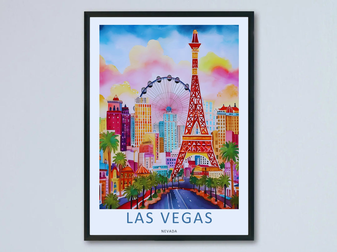 A crisp Giclée art print of a Las Vegas watercolor cityscape, illustrating hand-painted resort towers under a pastel cloud sky, surrounded by a white gallery margin with classic typography.