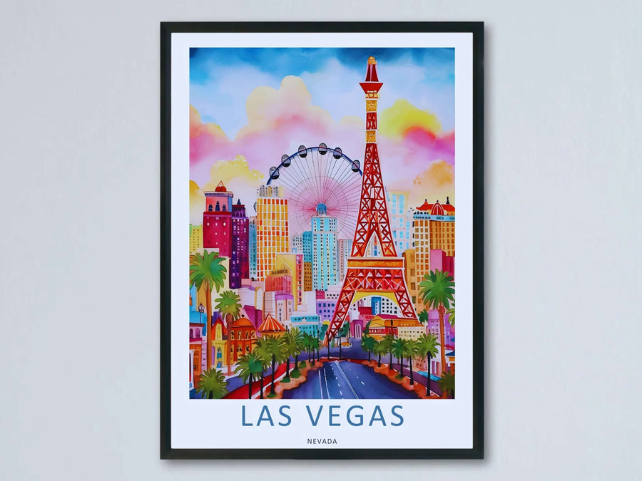 A crisp Giclée art print of a Las Vegas watercolor cityscape, illustrating hand-painted resort towers under a pastel cloud sky, surrounded by a white gallery margin with classic typography.