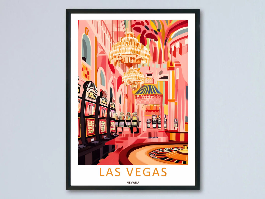 A professional display of a framed retro travel art print titled Las Vegas Nevada, showing an Art Deco casino interior with vintage slot machines and a gold chandelier on a clean white margin.