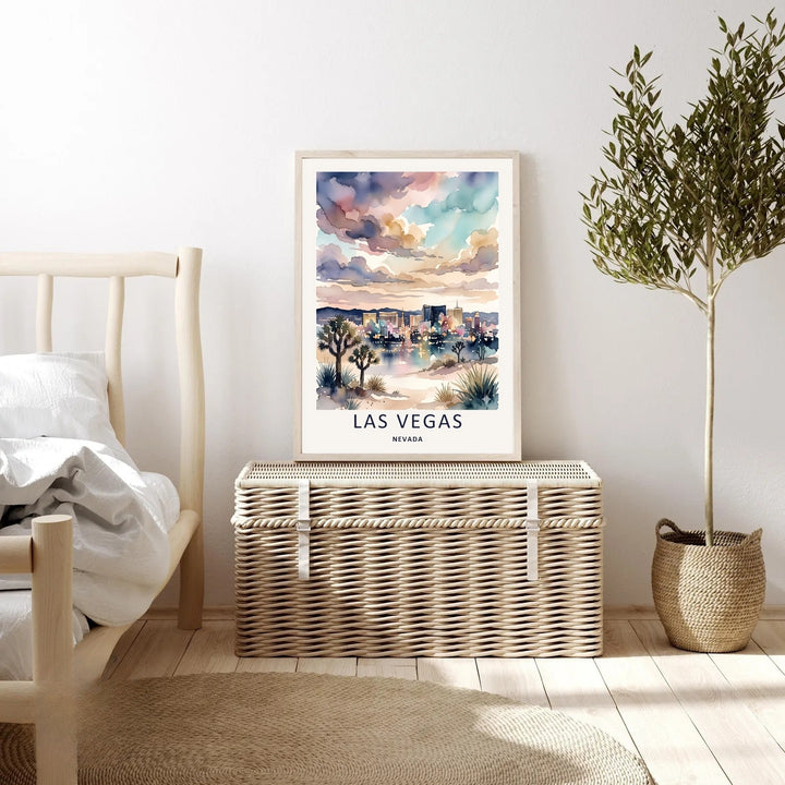 A high-end gallery mockup of a framed Las Vegas travel print. The illustration features soft, bleeding watercolor hues of purple, cream, and pink blending into a beautiful Nevada desert sky.