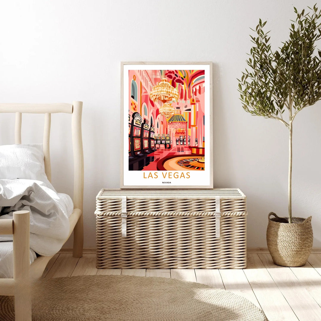Graphic fine art print of Las Vegas casino luxury at night. The art features vintage slot machine handles, golden light reflections, and bold gold text centered on a crisp white lithograph border.