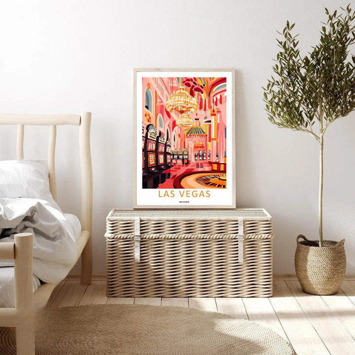 Graphic fine art print of Las Vegas casino luxury at night. The art features vintage slot machine handles, golden light reflections, and bold gold text centered on a crisp white lithograph border.