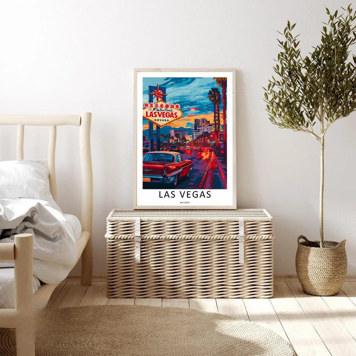 Las Vegas Nevada skyline white framed wall art print featuring a beautiful vector illustration of the Eiffel Tower replica, classic cars, palm trees, and an elegant spaced typography layout along the base.