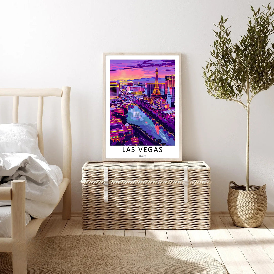 Las Vegas Nevada fountain canvas wall art print featuring a beautiful vector illustration of the strip skyline, aerial view water jets, and an elegant spaced typography layout along the base.