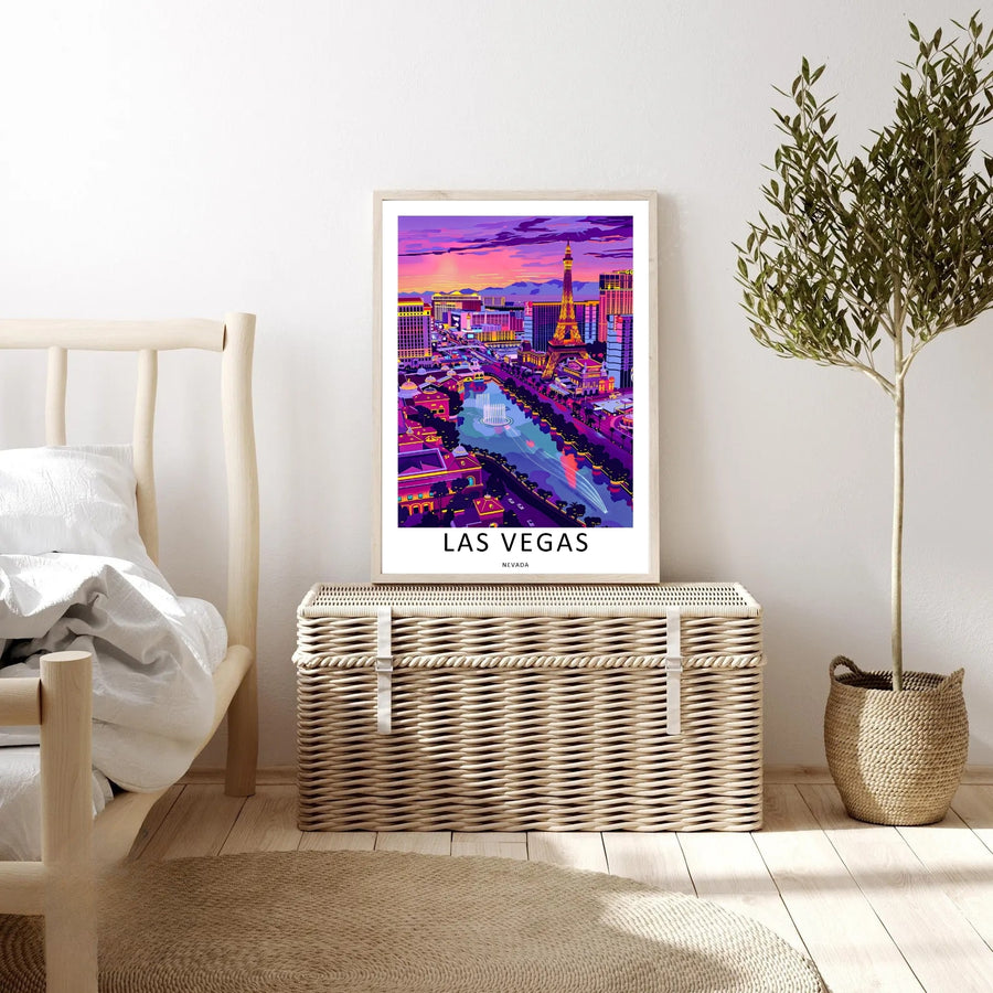Las Vegas Nevada fountain canvas wall art print featuring a beautiful vector illustration of the strip skyline, aerial view water jets, and an elegant spaced typography layout along the base.