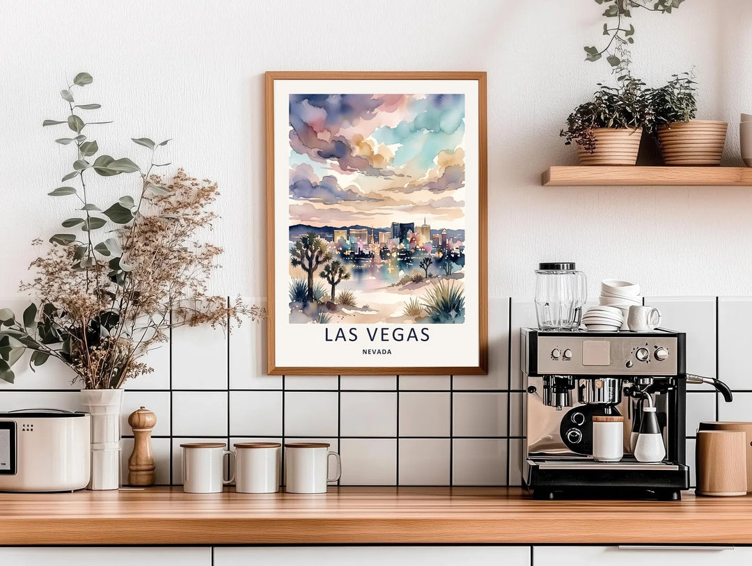 Las Vegas Nevada skyline canvas or framed art print featuring a beautiful watercolor illustration of desert mountains, Joshua trees, bright city lights, and an elegant, wide-tracked typography layout at the base.
