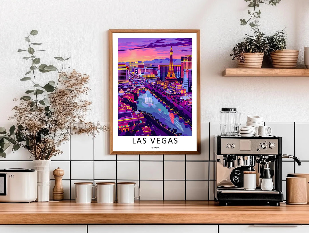 Graphic fine art print of a luxury Las Vegas skyline at night. The art features illuminated hotel buildings, a glowing water show, and bold dark text centered on a crisp white lithograph border.