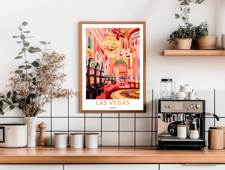 Premium home wall decor showcasing an unframed or framed Las Vegas slot machine poster. The artwork highlights a brilliant evening resort color palette with rich shades of peach, coral, and gold.