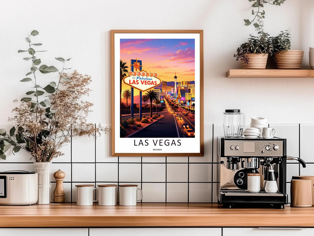 Graphic art print of Las Vegas landmarks at sunset. The art features the iconic vintage welcome sign, moving traffic streaks, and deep dark blue asphalt text centered on a crisp white lithograph border.