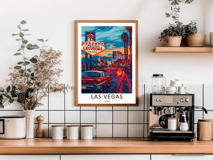 A high-end presentation of a framed vintage Las Vegas travel print. The illustration showcases glowing resort buildings, reflections on wet streets, and deep contrast indigo navy and gold details.