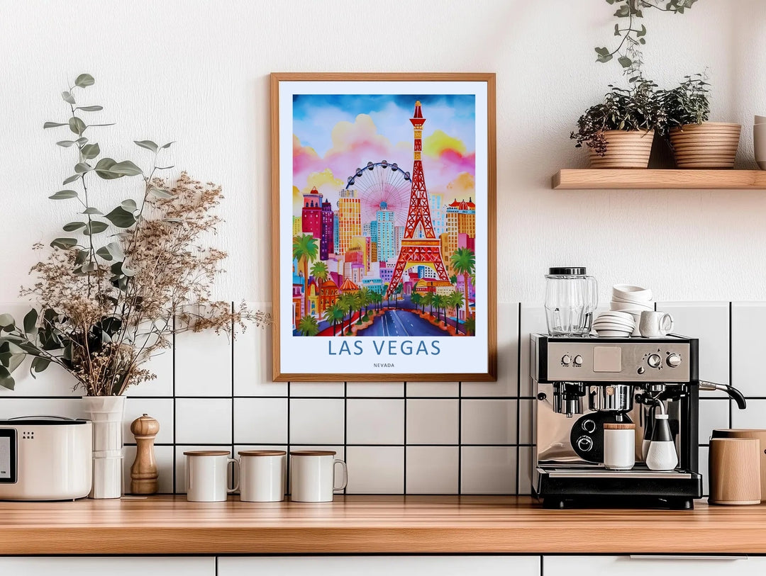 Premium home wall decor showcasing an unframed or framed Las Vegas watercolor poster. The artwork highlights a bright daytime resort color palette with rich shades of magenta, amber, and turquoise.