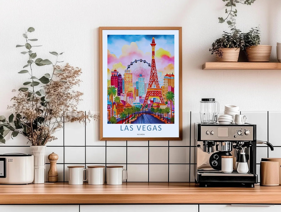 Premium home wall decor showcasing an unframed or framed Las Vegas watercolor poster. The artwork highlights a bright daytime resort color palette with rich shades of magenta, amber, and turquoise.