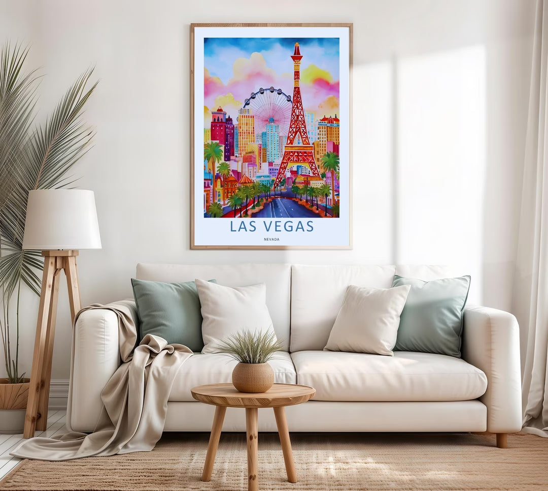 Graphic fine art print of a colorful Las Vegas cityscape at sunset. The art features fluid watercolor gradients, tropical tree lines, and bold dark text on a crisp white exhibition border.