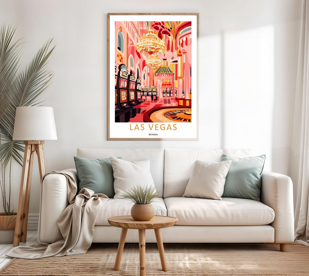 A luxury framed poster display of a Las Vegas casino print. The artwork features sharp interior perspective lines, architectural arches, and a clean white margin that matches modern wall paint.