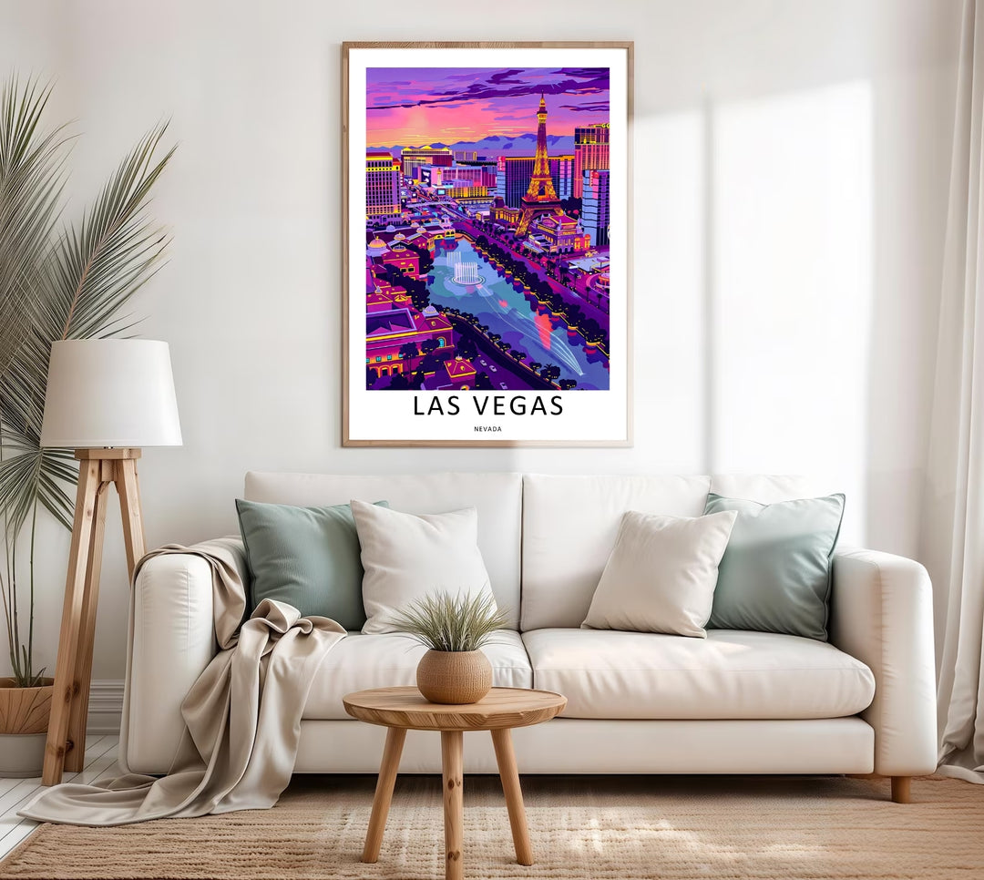 Premium home wall decor showcasing an unframed or framed Las Vegas aerial poster. The artwork highlights a brilliant evening resort color palette with rich shades of lavender, magenta, and amber gold.