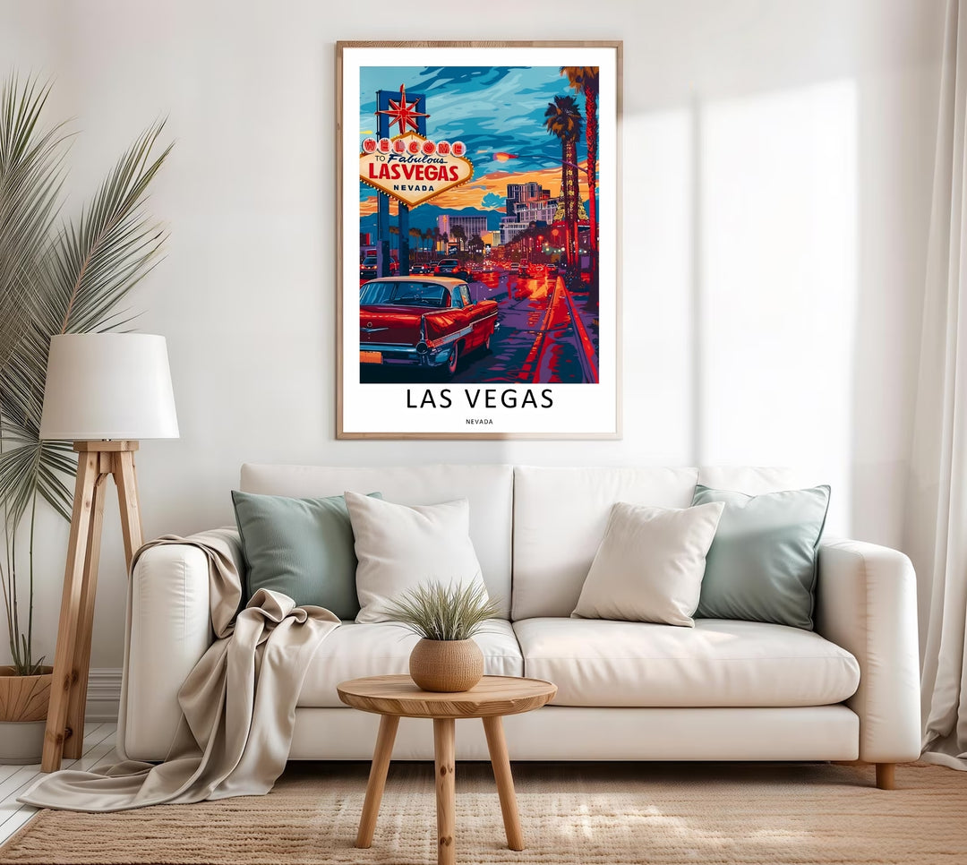 Vibrant mid-century automotive decor displaying an illustration of a retro red Cadillac fin car. Tall palm trees frame the iconic neon welcome sign against a colorful sunset gradient sky.