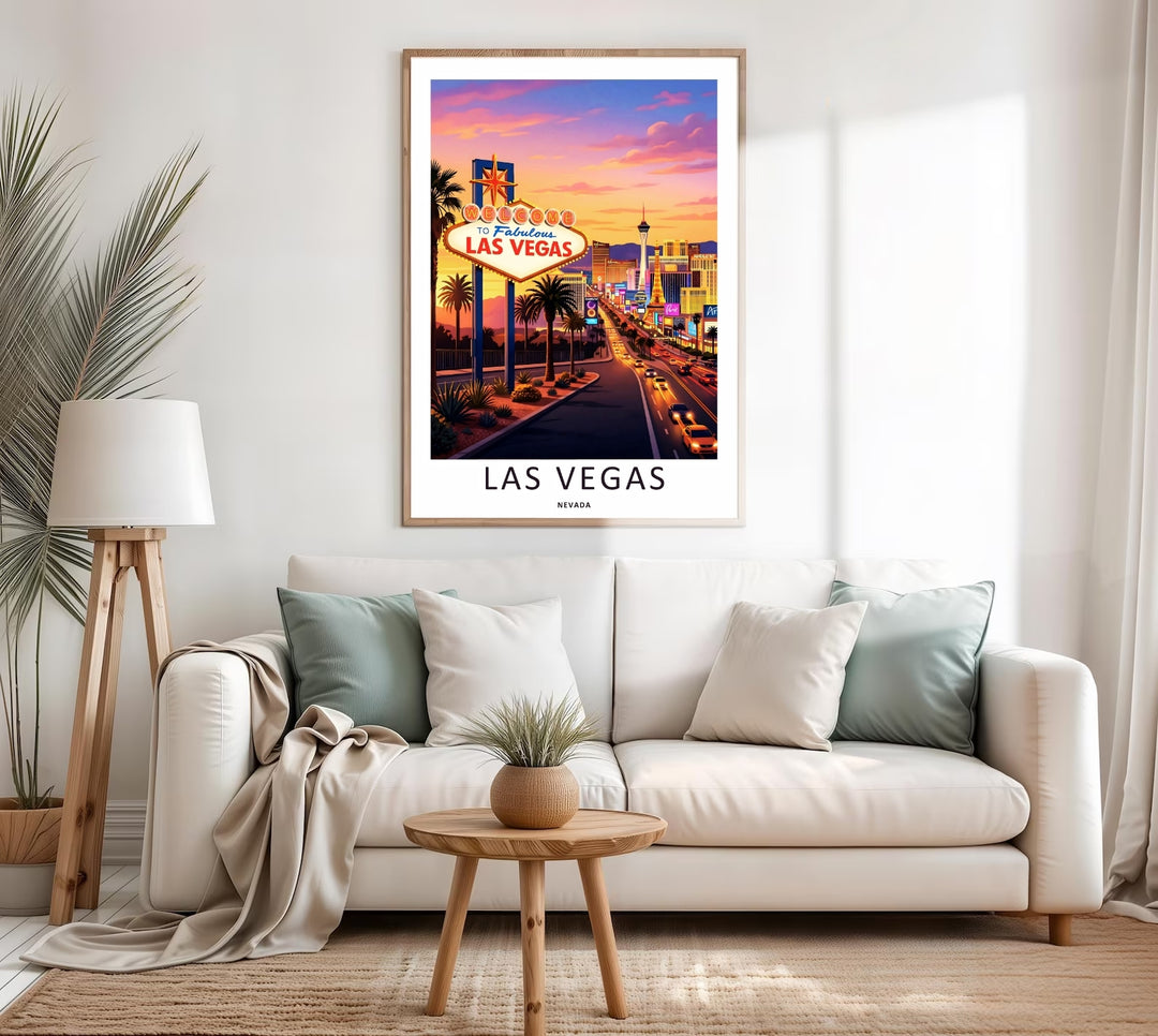 Premium home wall decor mockup showcasing an unframed or framed Las Vegas neon sign poster. The artwork highlights a brilliant evening sunset palette with rich shades of peach, lavender, and yellow neon.