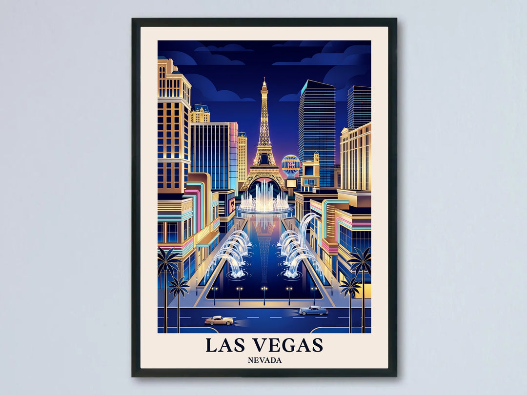 A professional display of a framed travel art print titled Las Vegas Nevada, showing a geometric Art Deco skyline with the Bellagio fountains and a central tower on a vintage cream margin.