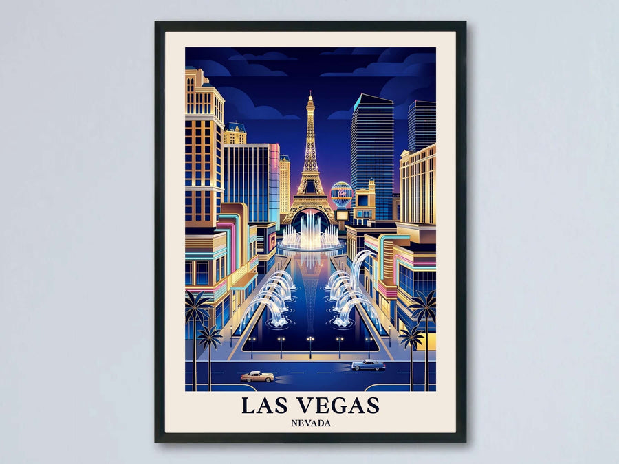 A professional display of a framed travel art print titled Las Vegas Nevada, showing a geometric Art Deco skyline with the Bellagio fountains and a central tower on a vintage cream margin.