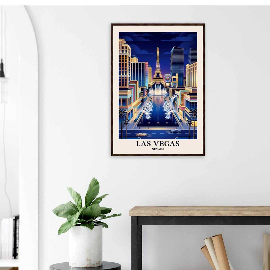 Graphic fine art print of a luxury Las Vegas skyline in an Art Deco style. The art features illuminated hotel facades, a symmetrical water display, and bold dark text centered on a cream border.