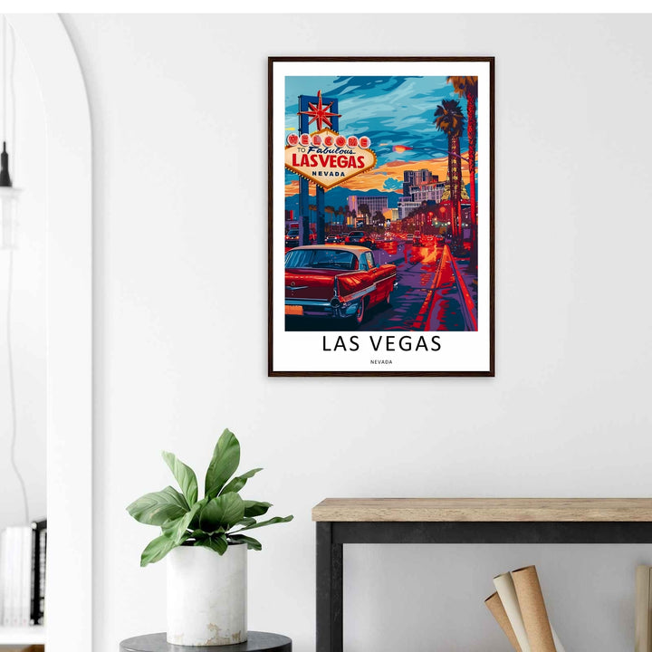 An exhibition-style travel poster of a classic car on the Las Vegas strip, printed on museum-quality 220gsm heavyweight matte paper. The design features a bold white border with clean centered typography.