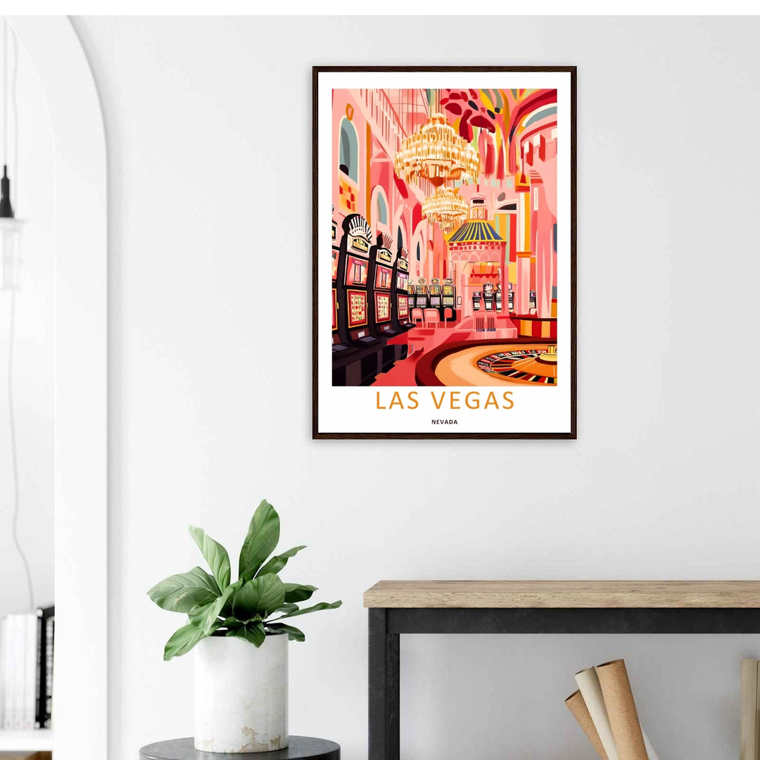 Artistic vector interior of a Las Vegas Nevada casino lounge, focusing on fine-art paper printing quality, crisp text letter spacing, and a classic retro layout inside a clean black gallery frame.