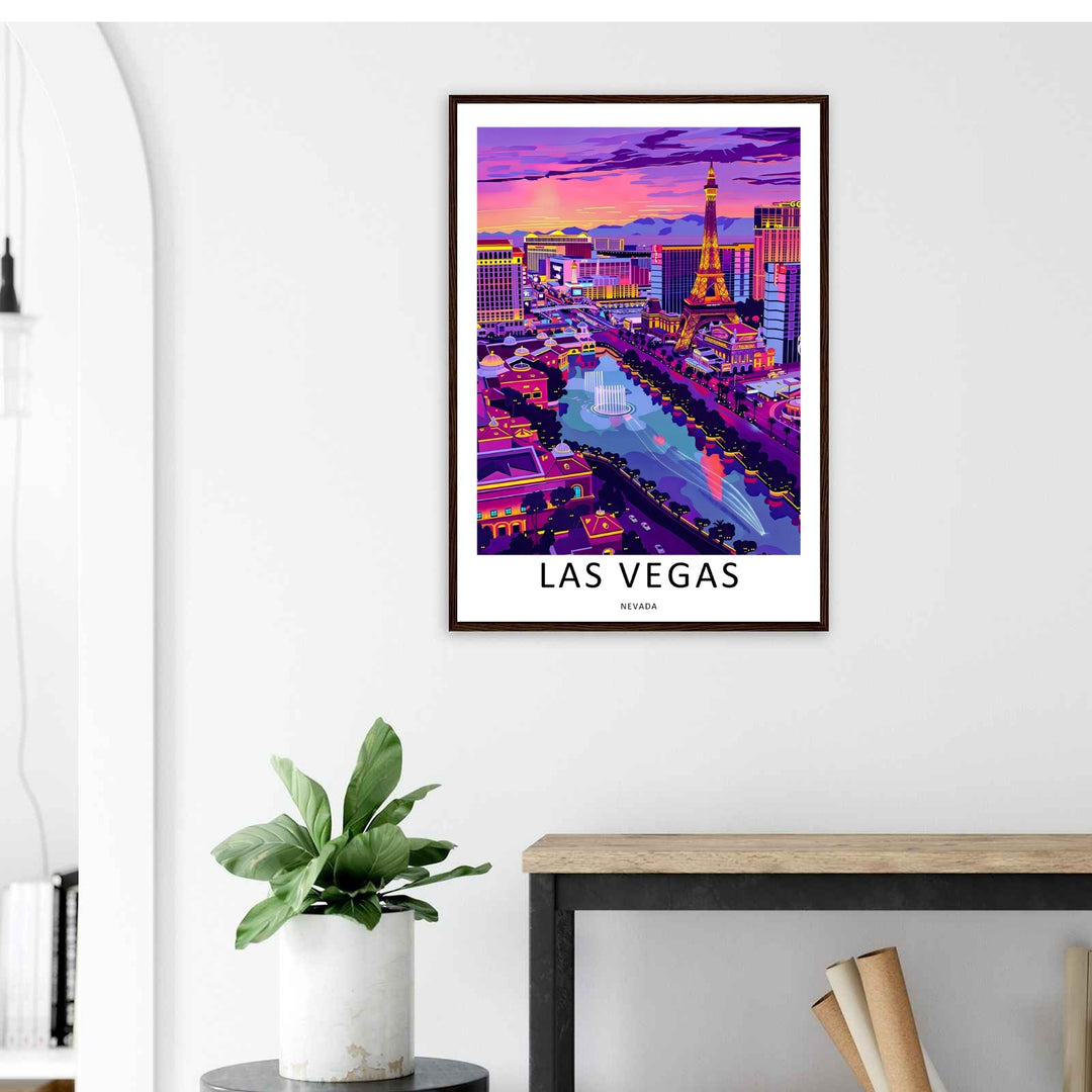 A luxury framed poster display of an overhead Las Vegas view. The artwork features sharp architectural perspective lines, a grand fountain pool, and a clean white margin that matches modern wall paint.