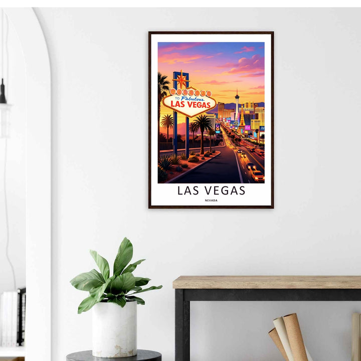 A luxury framed poster display of a Las Vegas travel print from MapYourDreams. The artwork features a sharp horizon line, silhouettes of strip skyscrapers, and a white margin that matches modern interiors.