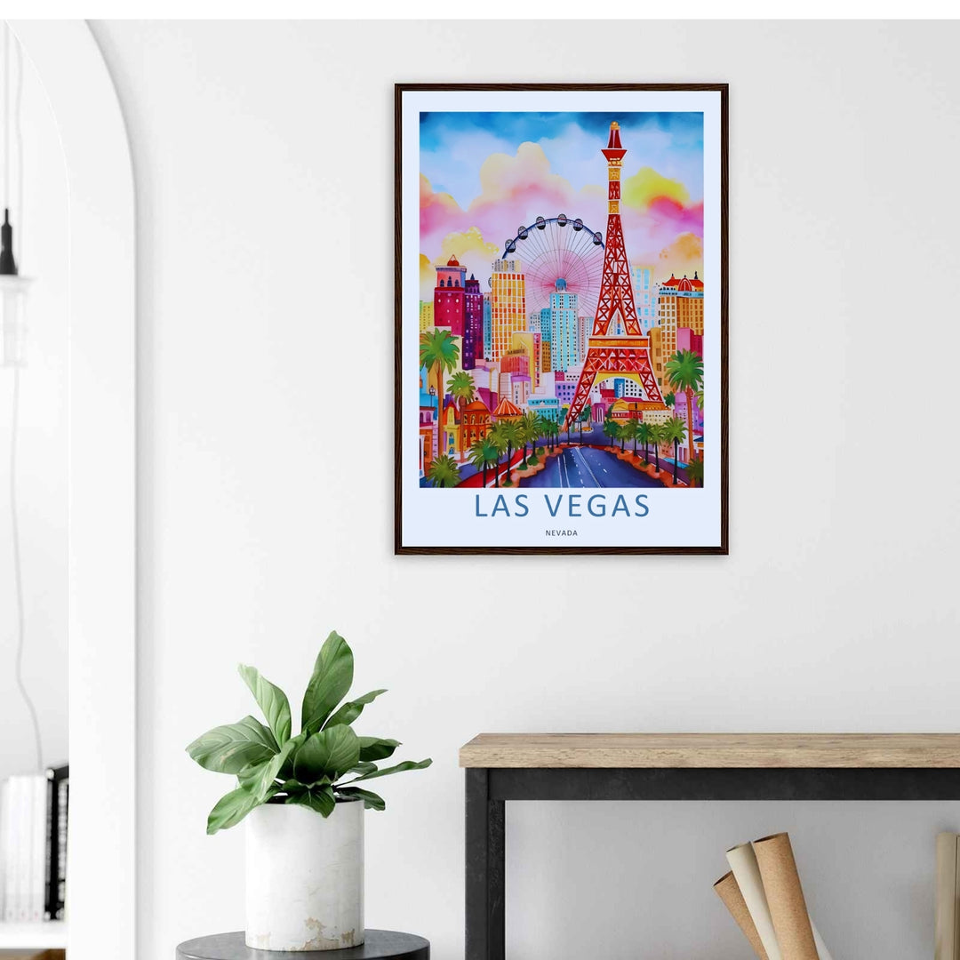 Las Vegas Nevada watercolor canvas wall art print featuring a beautiful stylized illustration of famous strip towers, an observation wheel, and an elegant spaced typography layout at the base.