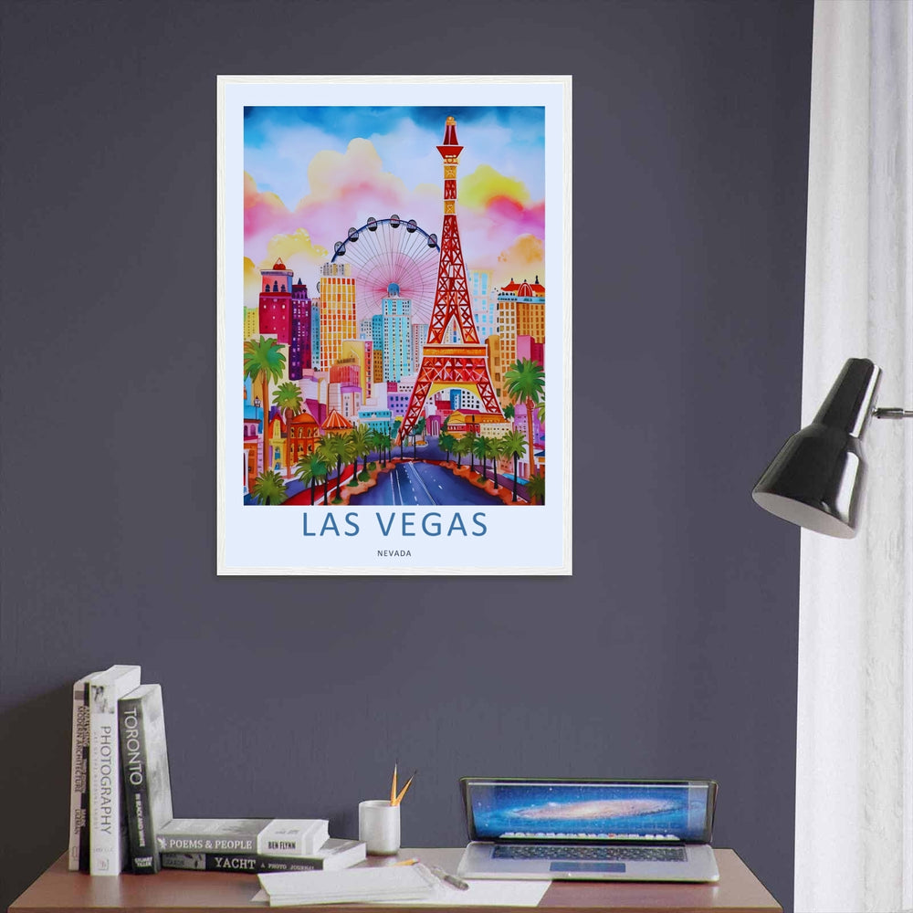 Modern home gallery print of a stylized Nevada Las Vegas skyline, detailing a grand observation wheel and colorful architectural shapes on premium heavyweight matte art paper.