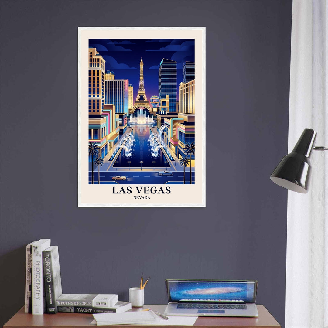 Premium home wall decor showcasing an unframed or framed Las Vegas geometric poster. The artwork highlights a moody evening resort color palette with rich shades of indigo, amber, and turquoise.