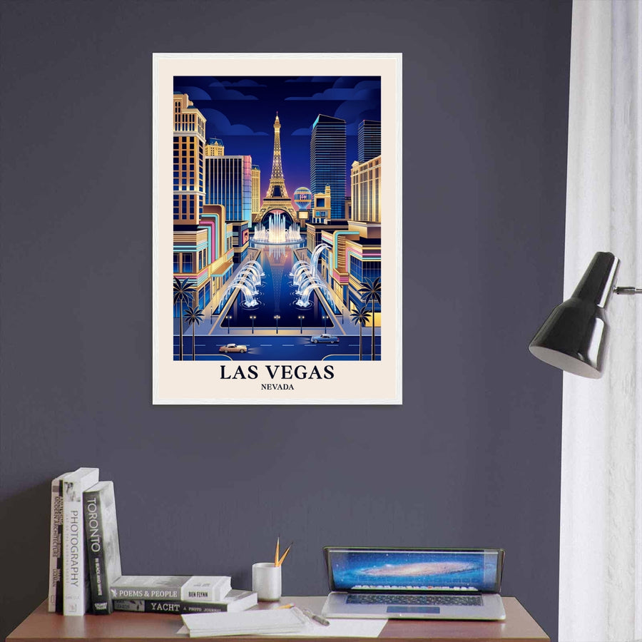 Premium home wall decor showcasing an unframed or framed Las Vegas geometric poster. The artwork highlights a moody evening resort color palette with rich shades of indigo, amber, and turquoise.