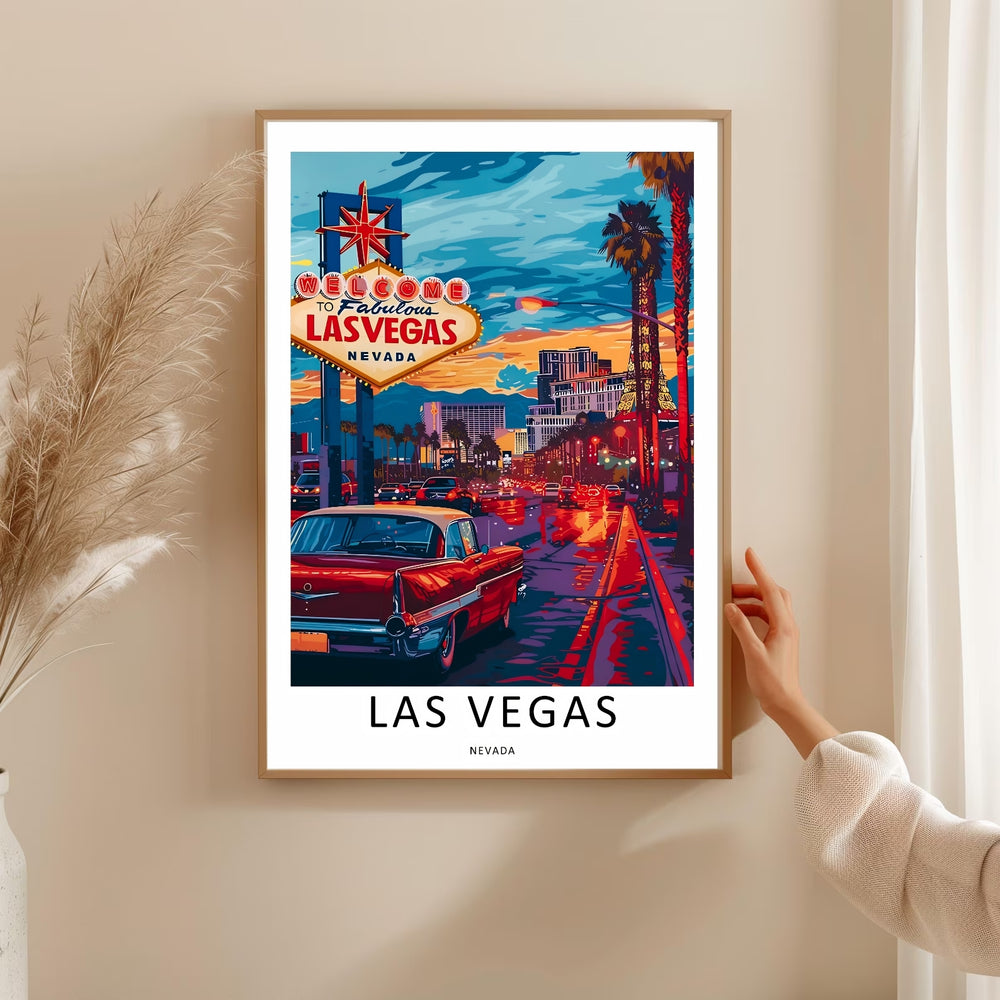 An elegant travel art print titled Las Vegas Nevada. The design is formatted like a premium museum exhibition poster with balanced negative white space separating the colorful graphic from the title.