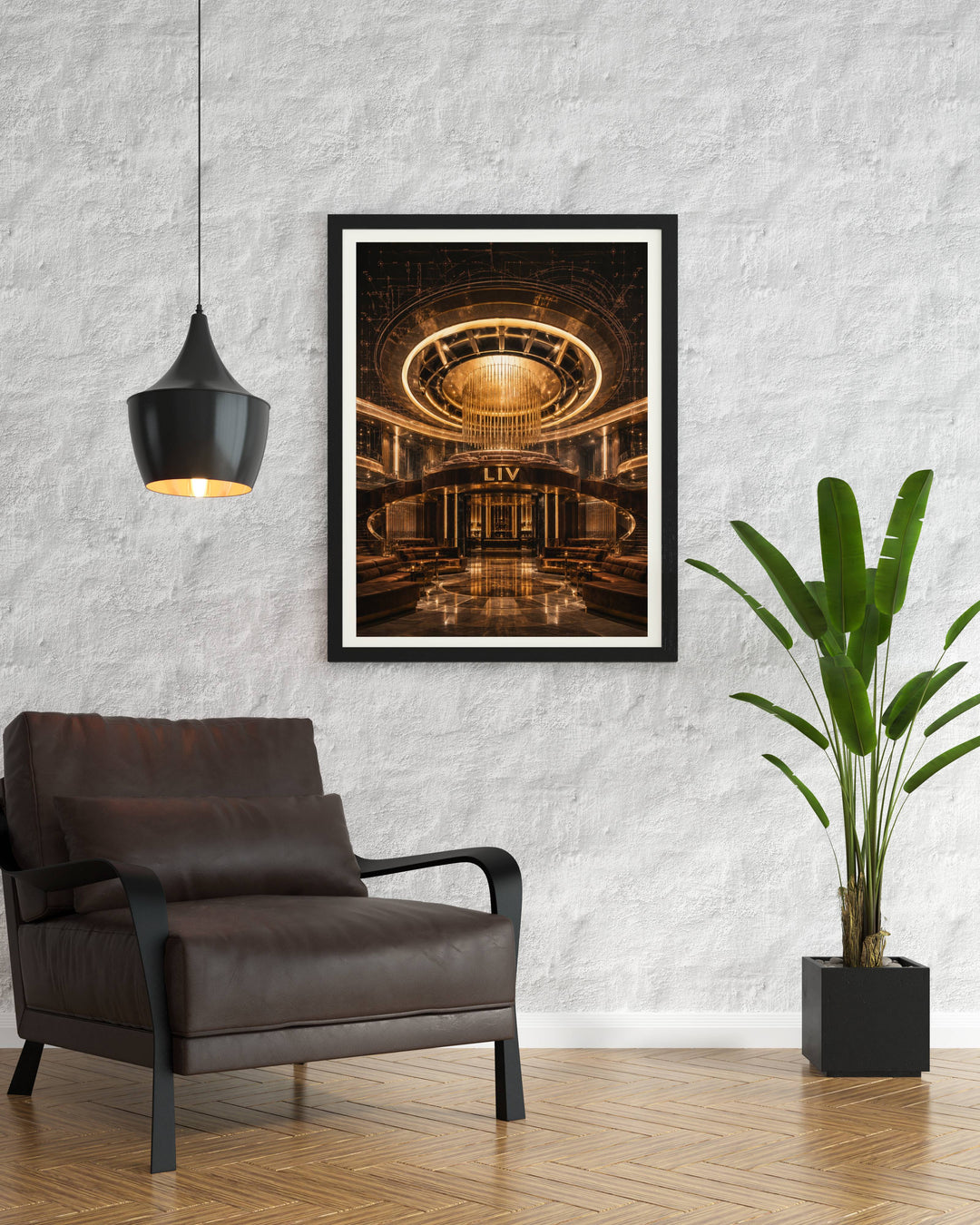 Fine-line rose gold blueprint art combined with a minimalist architectural rendering of the famous LIV Miami dome lighting matrix.