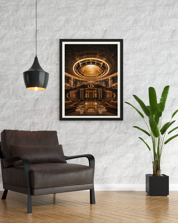 Fine-line rose gold blueprint art combined with a minimalist architectural rendering of the famous LIV Miami dome lighting matrix.