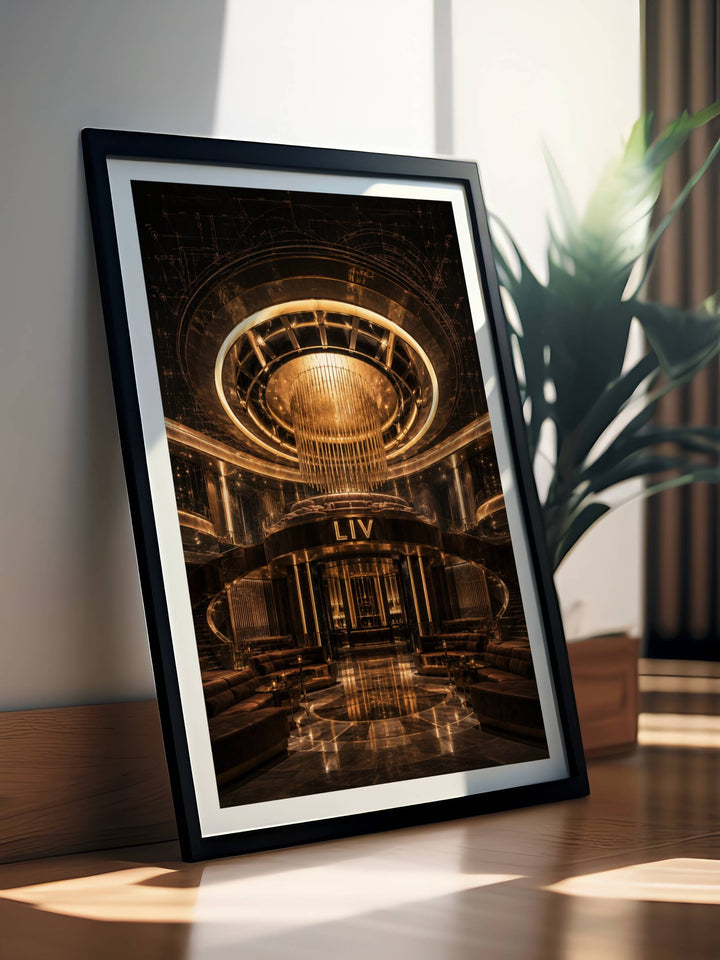 Architectural art print of LIV Miami inside the Fontainebleau featuring the iconic vaulted dome ceiling and kinetic spider chandelier.