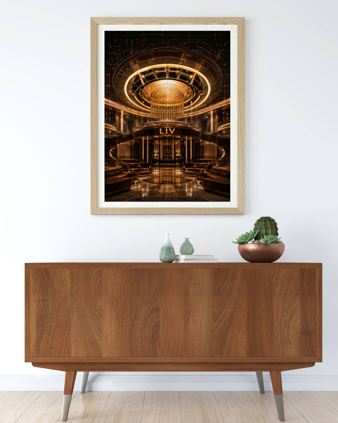 Elevate your walls with the LIV Miami Architectural print featuring deep obsidian black tones and sharp geometric symmetry.