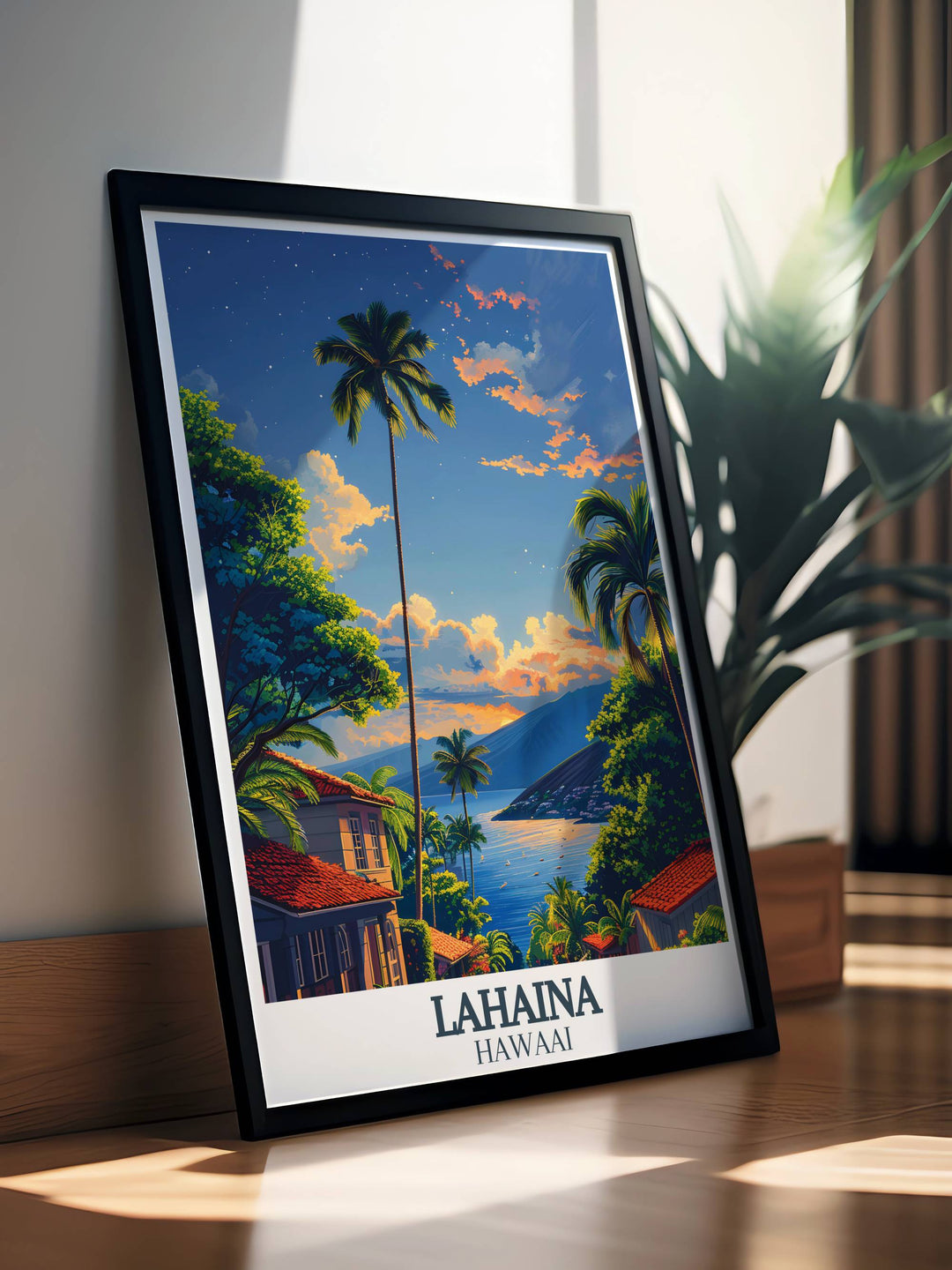 Luxurious Hawaii illustration that serves as an elegant Hawaii home decor piece, offering a glimpse into Lahaina’s picturesque beaches and vibrant street scenes.