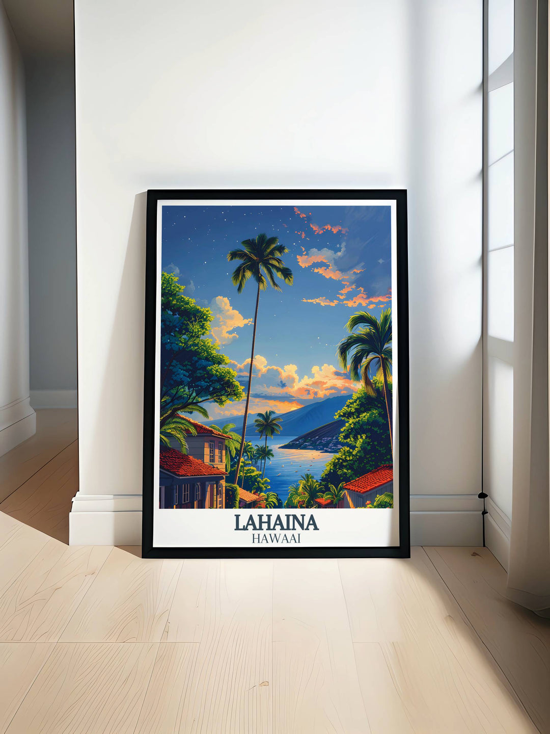 Vibrant depiction of Lahaina Hawaii in a travel print, showcasing the iconic coastal views perfect for enhancing tropical wall decor or as a standout travel enthusiast gift.
