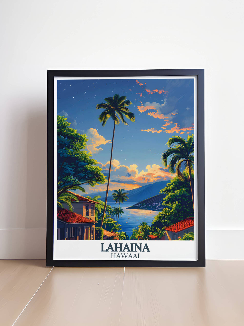 Lahaina wall art capturing the picturesque sunset over Maui’s shores, a must-have for those who appreciate Hawaii home decor and want a piece of the islands tranquility.