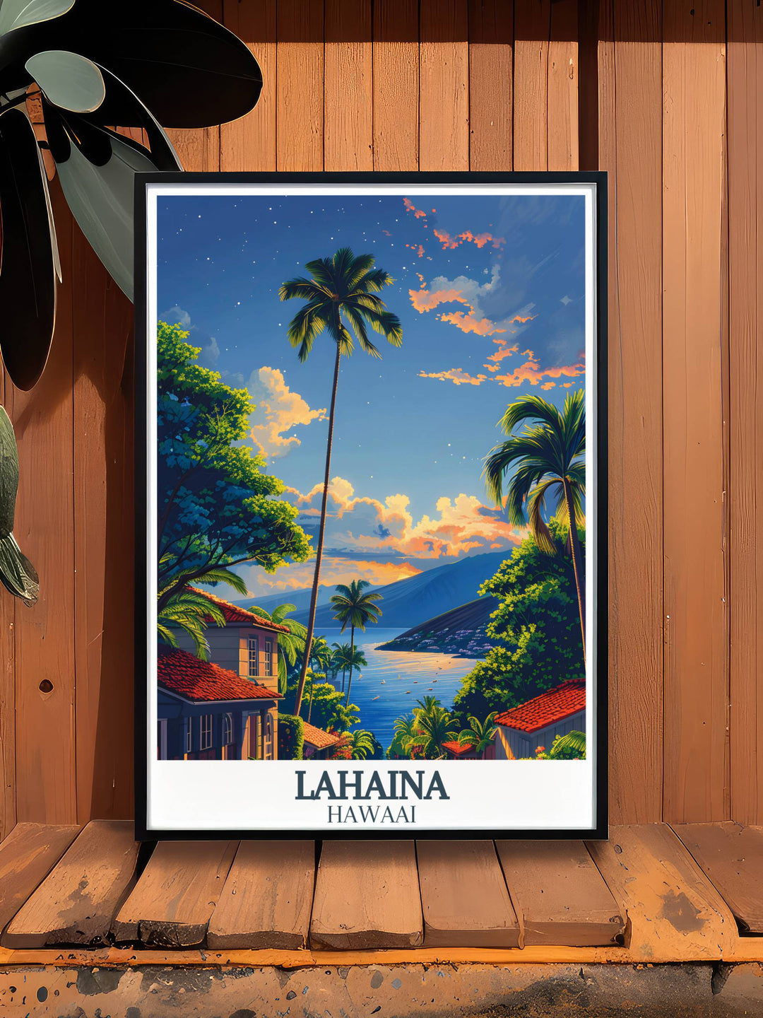 Artistically rendered Hawaii illustration print of Lahaina’s lush landscapes, ideal for adding a serene touch to any home interior with its rich colors and detailed scenery.