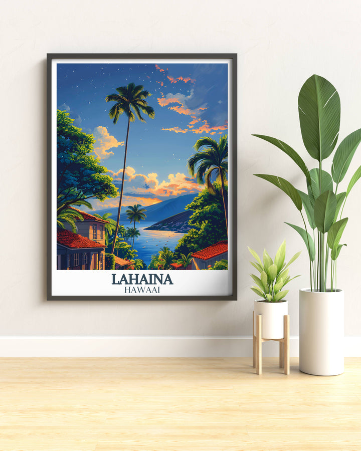 Artistic print of Front Street Lahaina displaying colorful storefronts and palm lined pathways enriching your travel print collection.