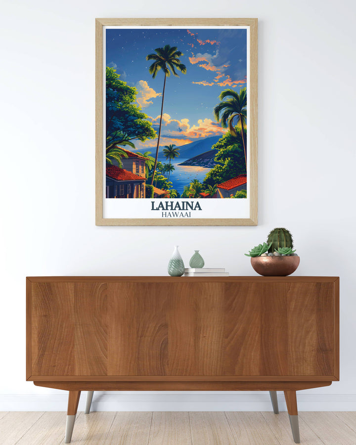 Tropical wall decor showcasing detailed Lahaina art, reflecting the warm beaches and vibrant flora of Maui, designed to bring a tropical atmosphere to any space.