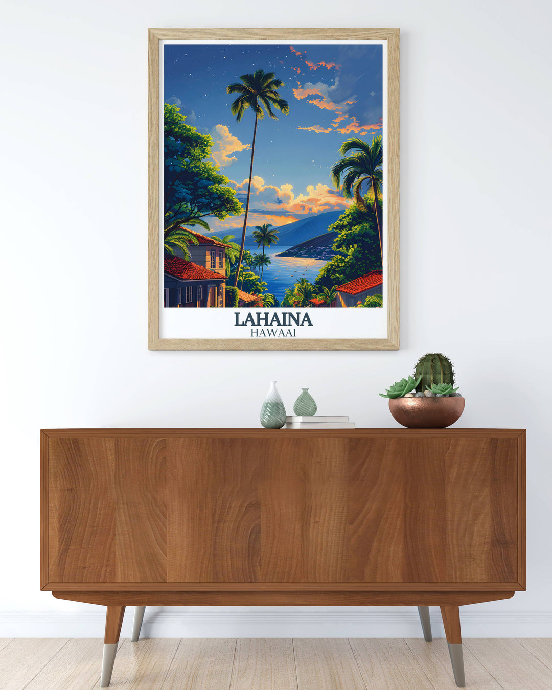 Tropical scene on a Lahaina Maui poster highlighting the serene ocean view and sunset perfect for a Hawaii gift.