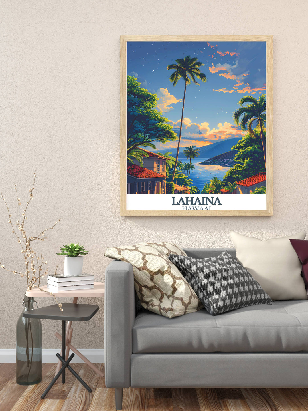Detailed Lahaina Maui poster featuring an expansive view of the island, a great addition for those who cherish highly detailed and picturesque travel prints.
