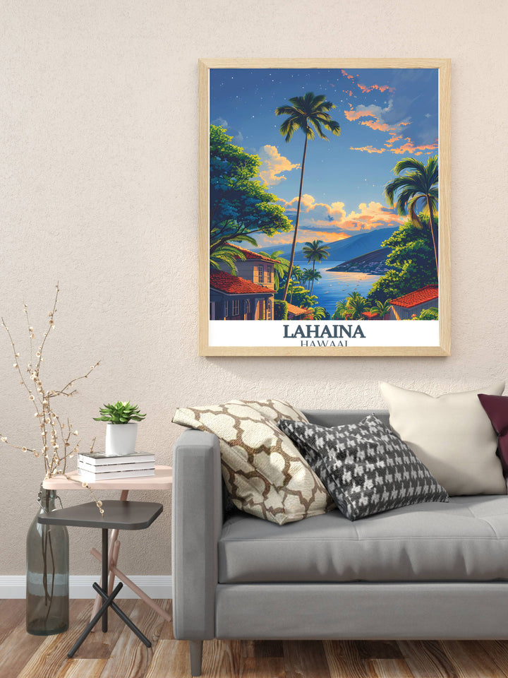 Front Street in Lahaina wall art with vivid depictions of historic buildings and lively street scenes ideal for Hawaii home decor.