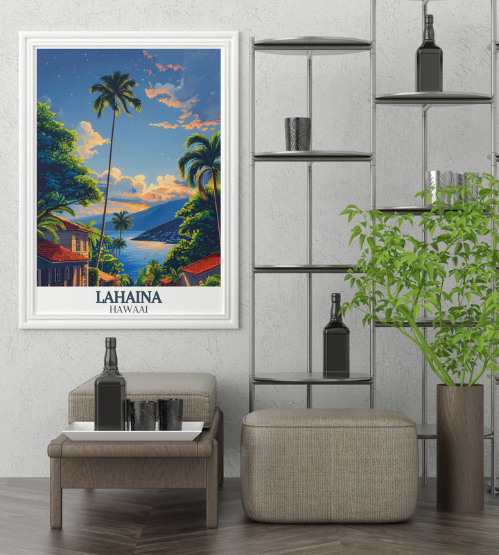 Captivating travel print from Lahaina Hawaii illustrating the bustling local life and historic landmarks, perfect for adding cultural depth to your living space.