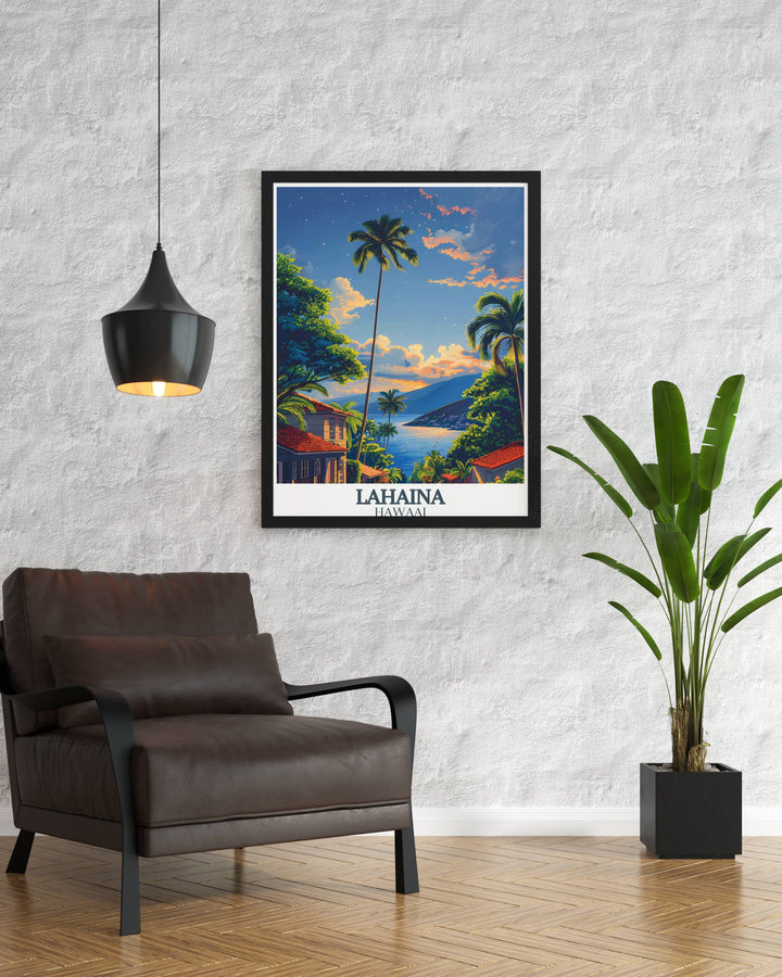 Detailed Lahaina art print showing the lively street view of Front Street ideal for adding a touch of Hawaii to your home decor.